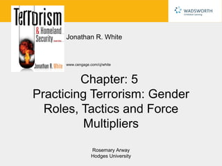 Jonathan R. White


      www.cengage.com/cj/white



         Chapter: 5
Practicing Terrorism: Gender
  Roles, Tactics and Force
         Multipliers
                   Rosemary Arway
                   Hodges University
 