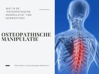 WAT IS DE
"OSTEOPATHISCHE
MANIPULATIE" VAN
GEWRICHTEN?
OSTEOPATHISCHE
MANIPULATIE
Door https://www.osteopaat-deklerk.nl/
 