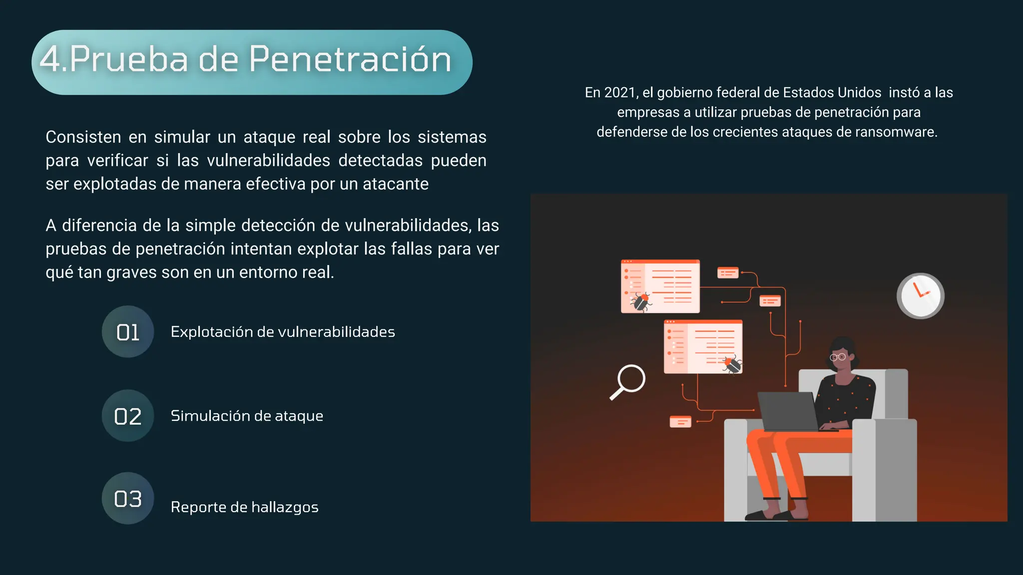 Explotación de vulnerabilidades
Simulación de ataque
Reporte de hallazgos
Consisten en simular un ataque real sobre los sistemas
para verificar si las vulnerabilidades detectadas pueden
ser explotadas de manera efectiva por un atacante
A diferencia de la simple detección de vulnerabilidades, las
pruebas de penetración intentan explotar las fallas para ver
qué tan graves son en un entorno real.
En 2021, el gobierno federal de Estados Unidos instó a las
empresas a utilizar pruebas de penetración para
defenderse de los crecientes ataques de ransomware.
 