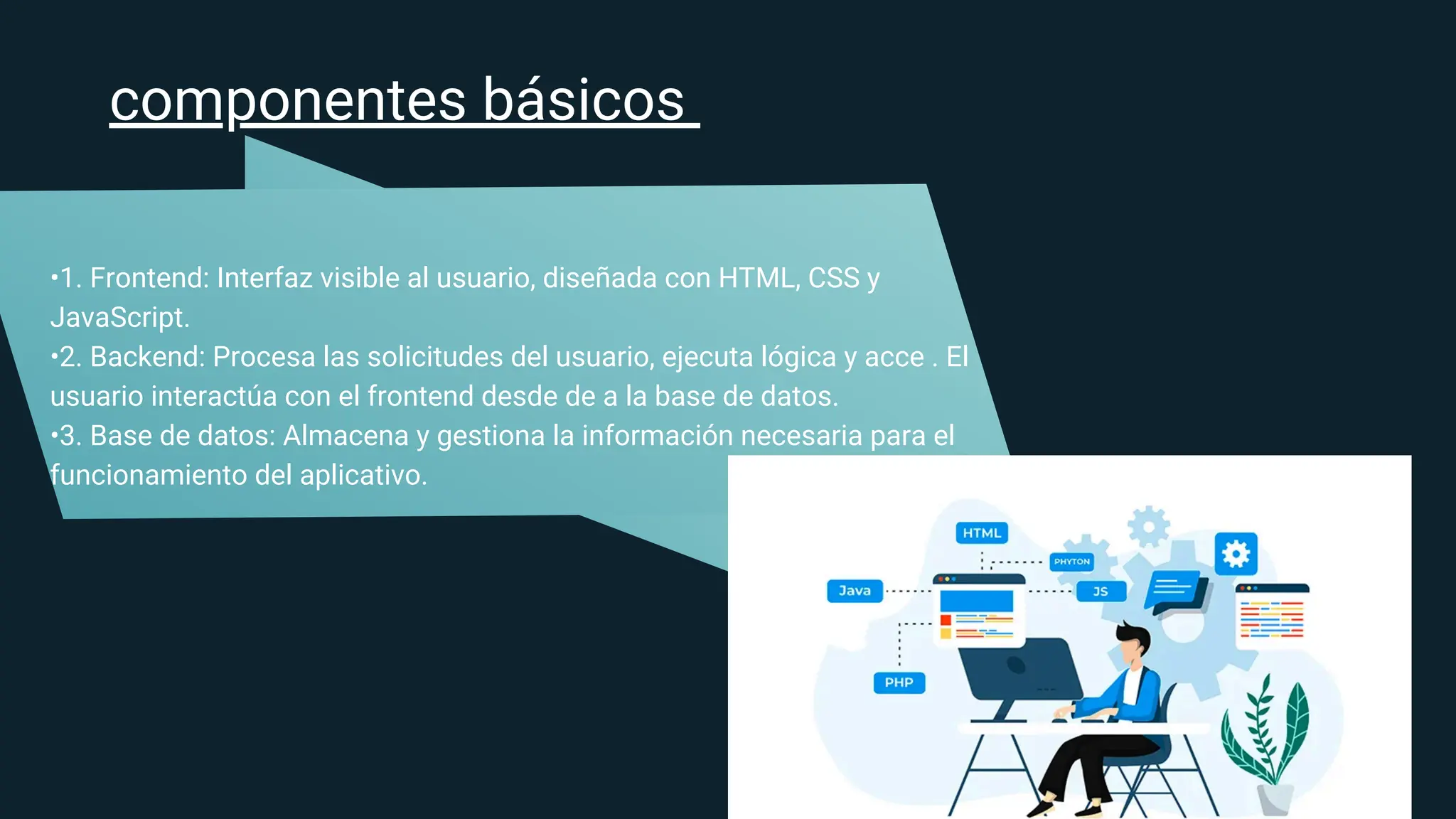 •1. Frontend: Interfaz visible al usuario, diseñada con HTML, CSS y
JavaScript.
•2. Backend: Procesa las solicitudes del usuario, ejecuta lógica y acce . El
usuario interactúa con el frontend desde de a la base de datos.
•3. Base de datos: Almacena y gestiona la información necesaria para el
funcionamiento del aplicativo.
componentes básicos
 