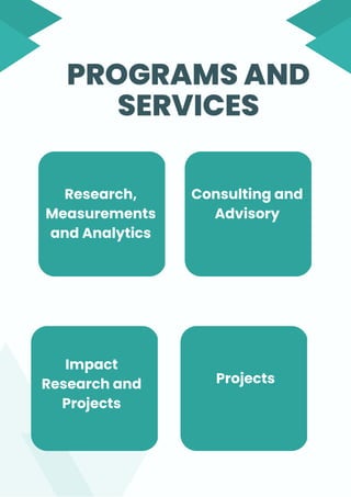 PROGRAMS AND
SERVICES
Research,
Measurements
and Analytics
Consulting and
Advisory
Impact
Research and
Projects
Projects
 