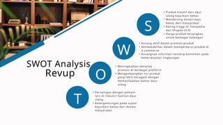 • Meningkatkan aktivitas
promosi di berbagai platform
• Mengembangkan lini produk
yang lebih beragam dengan
memanfaatkan bahan daur
ulang
O
• Persaingan dengan pemain
lain di industri fashion daur
ulang
• Ketergantungan pada suplai
baju/kain bekas dari donasi
masyarakat
T
• Produk kreatif dari daur
ulang baju/kain bekas
• Mendorong donasi baju
bekas dari masyarakat
• Rating tinggi di Tokopedia
dan Shopee (4.9)
• Harga produk terjangkau
untuk berbagai kalangan
SWOT Analysis
Revup
S
• Kurang aktif dalam promosi produk
• Ketidakaktifan dalam memperbarui produk di
e-commerce
• Kurangnya informasi tentang komitmen pada
keberlanjutan lingkungan
W
 