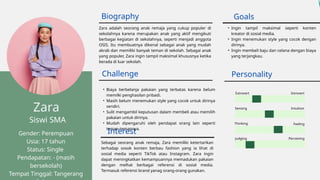 Introvert
Biography
Siswi SMA
Gender: Perempuan
Usia: 17 tahun
Status: Single
Pendapatan: - (masih
bersekolah)
Tempat Tinggal: Tangerang
Zara adalah seorang anak remaja yang cukup populer di
sekolahnya karena merupakan anak yang aktif mengikuti
berbagai kegiatan di sekolahnya, seperti menjadi anggota
OSIS. Itu membuatnya dikenal sebagai anak yang mudah
akrab dan memiliki banyak teman di sekolah. Sebagai anak
yang populer, Zara ingin tampil maksimal khususnya ketika
berada di luar sekolah.
• Ingin tampil maksimal seperti konten
kreator di sosial media.
• Ingin menemukan style yang cocok dengan
dirinya.
• Ingin membeli baju dan celana dengan biaya
yang terjangkau.
• Biaya berbelanja pakaian yang terbatas karena belum
memilki penghasilan pribadi.
• Masih belum menemukan style yang cocok untuk dirinya
sendiri.
• Sulit mengambil keputusan dalam membeli atau memilih
pakaian untuk dirinya.
• Mudah dipengaruhi oleh pendapat orang lain seperti
teman-temannya.
Extrovert
Sensing Intuition
Thinking Feeling
Judging Perceiving
Goals
Challenge Personality
Interest
Sebagai seorang anak remaja, Zara memiliki ketertarikan
terhadap sosok konten berbau fashion yang ia lihat di
sosial media seperti TikTok atau Instagram. Zara ingin
dapat meningkatkan kemampuannya memadukan pakaian
dengan melhat berbagai referensi di sosial media.
Termasuk referensi brand yanag orang-orang gunakan.
Zara
 