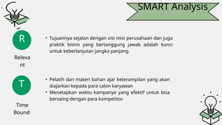 SMART Analysis
T
R
Releva
nt
Time
Bound
• Tujuannya sejalan dengan visi misi perusahaan dan juga
praktik bisnis yang bertanggung jawab adalah kunci
untuk keberlanjutan jangka panjang.
• Pelatih dan materi bahan ajar keterampilan yang akan
diajarkan kepada para calon karyawan
• Menetapkan waktu kampanye yang efektif untuk bisa
bersaing dengan para kompetitor.
 