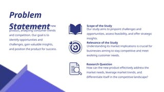 Problem
Statement
We're studying the market for a new
product, analyzing consumer trends
and competition. Our goal is to
identify opportunities and
challenges, gain valuable insights,
and position the product for success.
Our study aims to pinpoint challenges and
opportunities, assess feasibility, and offer strategic
insights.
Scope of the Study
Understanding its market implications is crucial for
businesses aiming to stay competitive and meet
evolving customer needs.
Relevance of the Study
How can the new product effectively address the
market needs, leverage market trends, and
differentiate itself in the competitive landscape?
Research Question
 