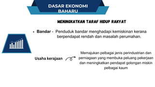 DASAR EKONOMI
BAHARU
Bandar - Penduduk bandar menghadapi kemiskinan kerana
MENINGKATKAN TARAF HIDUP RAKYAT
berpendapat rendah dan masalah perumahan.
Usaha kerajaan
Memajukan pelbagai jenis perindustrian dan
perniagaan yang membuka peluang pekerjaan
dan meningkatkan pendapat golongan miskin
pelbagai kaum
 