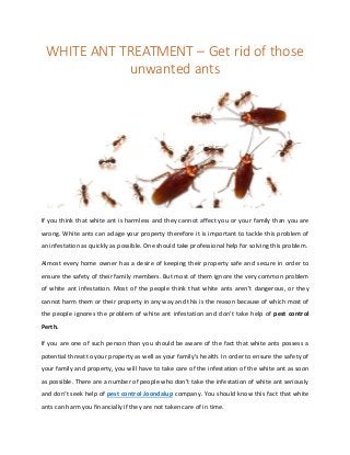 WHITE ANT TREATMENT – Get rid of those
unwanted ants
If you think that white ant is harmless and they cannot affect you or your family than you are
wrong. White ants can adage your property therefore it is important to tackle this problem of
an infestation as quickly as possible. One should take professional help for solving this problem.
Almost every home owner has a desire of keeping their property safe and secure in order to
ensure the safety of their family members. But most of them ignore the very common problem
of white ant infestation. Most of the people think that white ants aren’t dangerous, or they
cannot harm them or their property in any way and this is the reason because of which most of
the people ignores the problem of white ant infestation and don’t take help of pest control
Perth.
If you are one of such person than you should be aware of the fact that white ants possess a
potential threat to your property as well as your family’s health. In order to ensure the safety of
your family and property, you will have to take care of the infestation of the white ant as soon
as possible. There are a number of people who don’t take the infestation of white ant seriously
and don’t seek help of pest control Joondalup company. You should know this fact that white
ants can harm you financially if they are not taken care of in time.
 