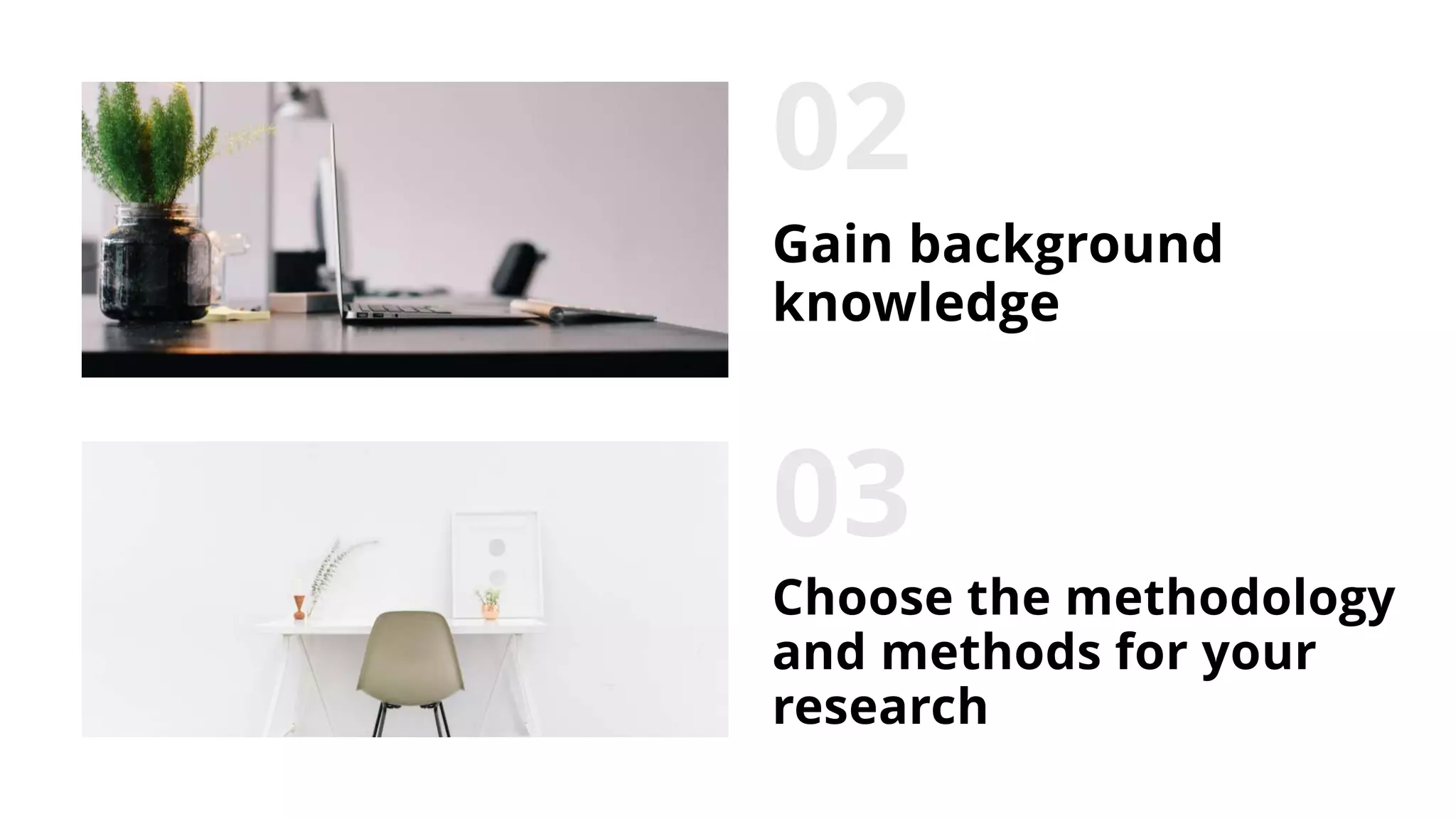 Gain background
knowledge
Choose the methodology
and methods for your
research
 