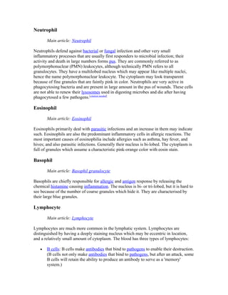 Neutrophil
Main article: Neutrophil
Neutrophils defend against bacterial or fungal infection and other very small
inflammatory processes that are usually first responders to microbial infection; their
activity and death in large numbers forms pus. They are commonly referred to as
polymorphonuclear (PMN) leukocytes, although technically PMN refers to all
granulocytes. They have a multilobed nucleus which may appear like multiple nuclei,
hence the name polymorphonuclear leukocyte. The cytoplasm may look transparent
because of fine granules that are faintly pink in color. Neutrophils are very active in
phagocytosing bacteria and are present in large amount in the pus of wounds. These cells
are not able to renew their lysosomes used in digesting microbes and die after having
phagocytosed a few pathogens.[citation needed]
Eosinophil
Main article: Eosinophil
Eosinophils primarily deal with parasitic infections and an increase in them may indicate
such. Eosinophils are also the predominant inflammatory cells in allergic reactions. The
most important causes of eosinophilia include allergies such as asthma, hay fever, and
hives; and also parasitic infections. Generally their nucleus is bi-lobed. The cytoplasm is
full of granules which assume a characteristic pink-orange color with eosin stain.
Basophil
Main article: Basophil granulocyte
Basophils are chiefly responsible for allergic and antigen response by releasing the
chemical histamine causing inflammation. The nucleus is bi- or tri-lobed, but it is hard to
see because of the number of coarse granules which hide it. They are characterised by
their large blue granules.
Lymphocyte
Main article: Lymphocyte
Lymphocytes are much more common in the lymphatic system. Lymphocytes are
distinguished by having a deeply staining nucleus which may be eccentric in location,
and a relatively small amount of cytoplasm. The blood has three types of lymphocytes:
• B cells: B cells make antibodies that bind to pathogens to enable their destruction.
(B cells not only make antibodies that bind to pathogens, but after an attack, some
B cells will retain the ability to produce an antibody to serve as a 'memory'
system.)
 