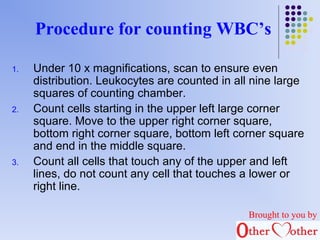 Procedure for counting WBC’s 
1. Under 10 x magnifications, scan to ensure even 
distribution. Leukocytes are counted in a...