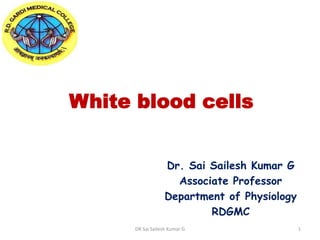 White blood cells
Dr. Sai Sailesh Kumar G
Associate Professor
Department of Physiology
RDGMC
DR Sai Sailesh Kumar G 1
 