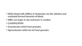 • White blood cells (WBCs) or leukocytes are the colorless and
nucleated formed elements of blood.
• WBCs are larger in size and lesser in number.
• CLASSIFICATION
• Granulocytes which have granules.
• Agranulocytes which do not have granules.
 