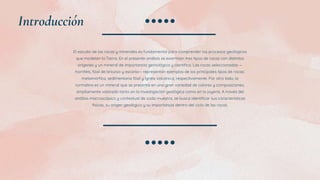 El estudio de las rocas y minerales es fundamental para comprender los procesos geológicos
que modelan la Tierra. En el presente análisis se examinan tres tipos de rocas con distintos
orígenes y un mineral de importancia gemológica y científica. Las rocas seleccionadas —
hornfels, fósil de briozoo y escoria— representan ejemplos de los principales tipos de rocas:
metamórfica, sedimentaria fósil y ígnea volcánica, respectivamente. Por otro lado, la
turmalina es un mineral que se presenta en una gran variedad de colores y composiciones,
ampliamente valorado tanto en la investigación geológica como en la joyería. A través del
análisis macroscópico y contextual de cada muestra, se busca identificar sus características
físicas, su origen geológico y su importancia dentro del ciclo de las rocas.
Introducción
 