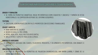 ORIGEN Y FORMACIÓN
SE FORMA EN PEGMATITAS GRANÍTICAS, ROCAS METAMÓRFICAS (COMO ESQUISTOS Y GNEISES), Y TAMBIÉN EN VETAS
HIDROTERMALES. SU COMPOSICIÓN DEPENDE DEL ENTORNO GEOQUÍMICO.
TURMALINA (NA(MGFE)3AL6(BO3)3SI6O18(OH)4)
TURMALINA (NA(MGFE)3AL6(BO3)3SI6O18(OH)4)
TEXTURA
CRISTALINA, GENERALMENTE EN CRISTALES PRISMÁTICOS CON SECCIONES TRIANGULARES.
COLOR Y ASPECTO
GRAN VARIEDAD DE COLORES:
NEGRO (SCHORL): EL MÁS COMÚN.
VERDE, ROSA, AZUL, ROJO, MULTICOLOR (ELBAÍTA).
BRILLO VÍTREO Y ASPECTO TRASLÚCIDO A OPACO.
MINERALES ASOCIADOS
COMÚNMENTE ASOCIADA CON: CUARZO, FELDESPATO, MOSCOVITA, Y EN AMBIENTES METAMÓRFICOS, CON GRANATE O
BIOTITA.
UBICACIÓN ENCONTRADA
EN PERÚ SE ENCUENTRA EN PEGMATITAS DE PALAOCCHA (HUANCAVELICA), SAN RAMÓN (JUNÍN), Y ZONAS DE LA
CORDILLERA ORIENTAL.
 