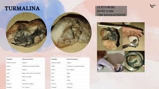 TURMALINA
TURMALINA
TURMALINA
Propiedad Valor/Característica
Sistema cristalino Trigonal
Hábito Prismático con estrías verticales
Dureza 7 (Mohs)
Color Negro, verde, rosa, azul, multicolor
Raya Blanca a incolora
Brillo Vítreo
Fractura Concoidea a irregular
Densidad 2.9 - 3.3 g/cm³
Propiedad Valor/Característica
Sistema cristalino Trigonal
Hábito Prismático con estrías verticales
Dureza 6.5 a 7 (Mohs)
Color Negro
Raya Negra
Brillo Vítreo
Fractura Concoidea
Densidad 2.96 g/cm³
LA VETA NEGRA
MATRIZ CLARA
TONO NARANJA/MARRON
 