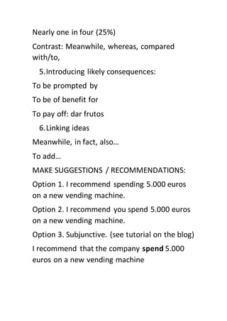 Nearly one in four (25%)
Contrast: Meanwhile, whereas, compared
with/to,
5.Introducing likely consequences:
To be prompted by
To be of benefit for
To pay off: dar frutos
6.Linking ideas
Meanwhile, in fact, also…
To add…
MAKE SUGGESTIONS / RECOMMENDATIONS:
Option 1. I recommend spending 5.000 euros
on a new vending machine.
Option 2. I recommend you spend 5.000 euros
on a new vending machine.
Option 3. Subjunctive. (see tutorial on the blog)
I recommend that the company spend 5.000
euros on a new vending machine
 