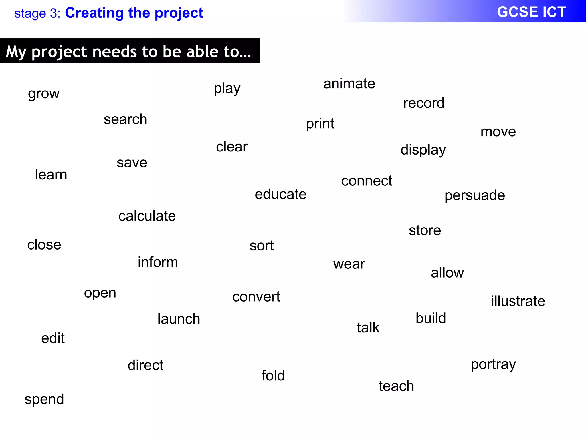 My project needs to be able to… search sort calculate convert print display store open talk direct launch fold learn clear record play build grow spend wear teach connect close edit save allow persuade inform educate animate move portray illustrate 