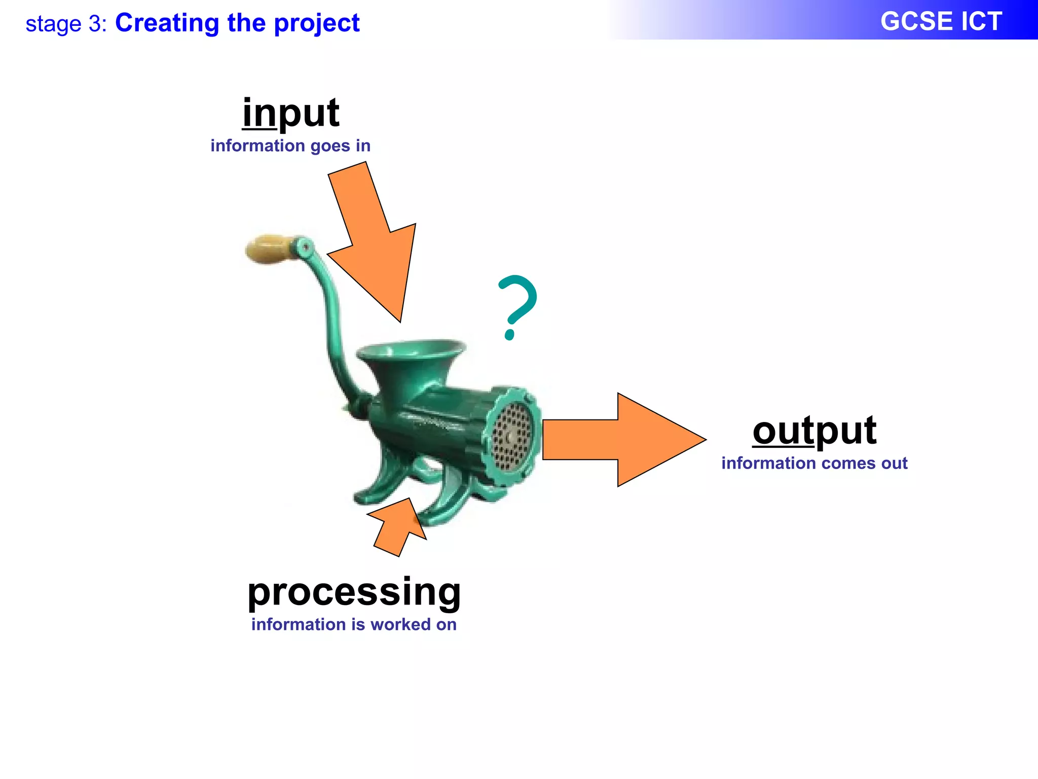 in put information goes in out put information comes out processing information is worked on ? 