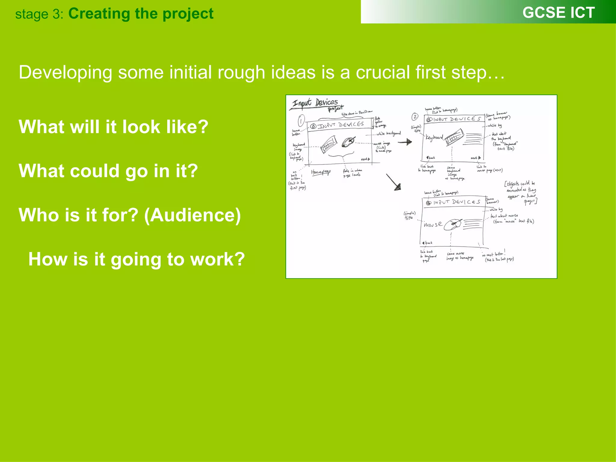 Developing some initial rough ideas is a crucial first step… What will it look like? What could go in it? Who is it for? (Audience) How is it going to work? 
