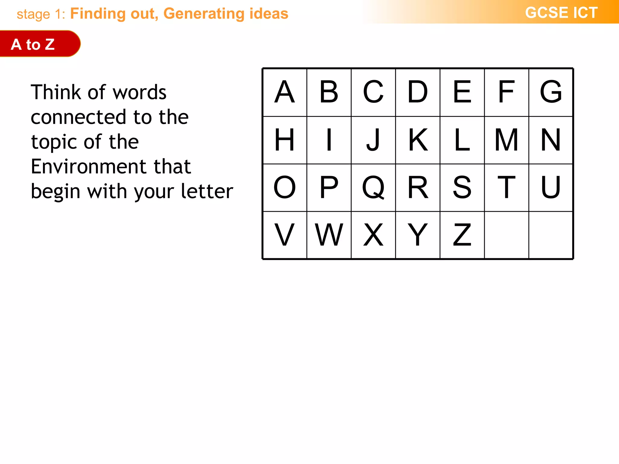 A to Z Think of words connected to the topic of the Environment that begin with your letter Z Y X W V U T S R Q P O N M L K J I H G F E D C B A 