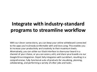 Integrate with industry-standard
programs to streamline workflow
With our clever connections, you can keep your online whiteboard connected
to the apps you’re already comfortable with and love using. This enables you
to increase your productivity and creativity to their maximum levels.
Alternatively, you can utilize our Slack interface to share your board in a
channel of your choice, or you can access, edit, and share your boards via our
Google Drive integration. Dojoit fully integrates with Lucidchart, resulting in a
comprehensive, fully-functional suite of products for visualizing, planning,
collaborating, and performing a variety of other jobs and tasks.
 