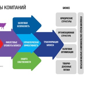 Ы КОМПАНИЙ
неса
защита
собственности
налоговая
безопасность
управленческая
эффективность
юридические
структуры
налоговая
оптимизация
организационная
структура
товарно-
денежные
потоки
бизнес
отношениямеждусобственникамиигарантииинтересов
трансформация
бизнеса
фиолетовые
элементы бизнеса
 