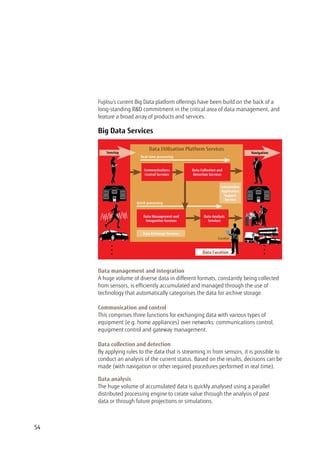 54
Fujitsu’s current Big Data platform offerings have been build on the back of a
long-standing RD commitment in the critical area of data management, and
feature a broad array of products and services.
Big Data Services
Data management and integration
A huge volume of diverse data in different formats, constantly being collected
from sensors, is efficiently accumulated and managed through the use of
technology that automatically categorises the data for archive storage.
Communication and control
This comprises three functions for exchanging data with various types of
equipment (e.g. home appliances) over networks: communications control,
equipment control and gateway management.
Data collection and detection
By applying rules to the data that is streaming in from sensors, it is possible to
conduct an analysis of the current status. Based on the results, decisions can be
made (with navigation or other required procedures performed in real time).
Data analysis
The huge volume of accumulated data is quickly analysed using a parallel
distributed processing engine to create value through the analysis of past
data or through future projections or simulations.
Data Curation
Real-time processing
Data Utilisation Platform Services
Communications
Central Services
Sensing Navigation
Data Collection and
Detection Services
Data Analysis
Services
Information
Application
Support
Service
Data Management and
Integration Services
Data Exchange Services
Curator
Batch processing
•
•
•
•
•
•
 