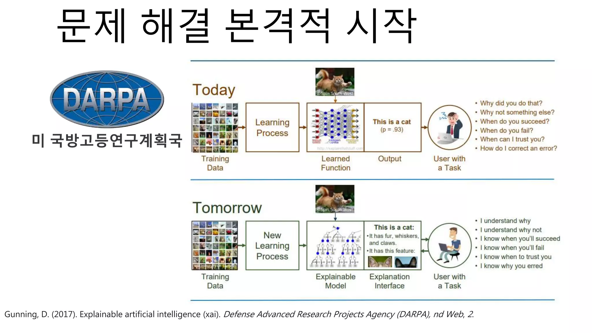 Gunning, D. (2017). Explainable artificial intelligence (xai). Defense Advanced Research Projects Agency (DARPA), nd Web, 2.
미 국방고등연구계획국
문제 해결 본격적 시작
 