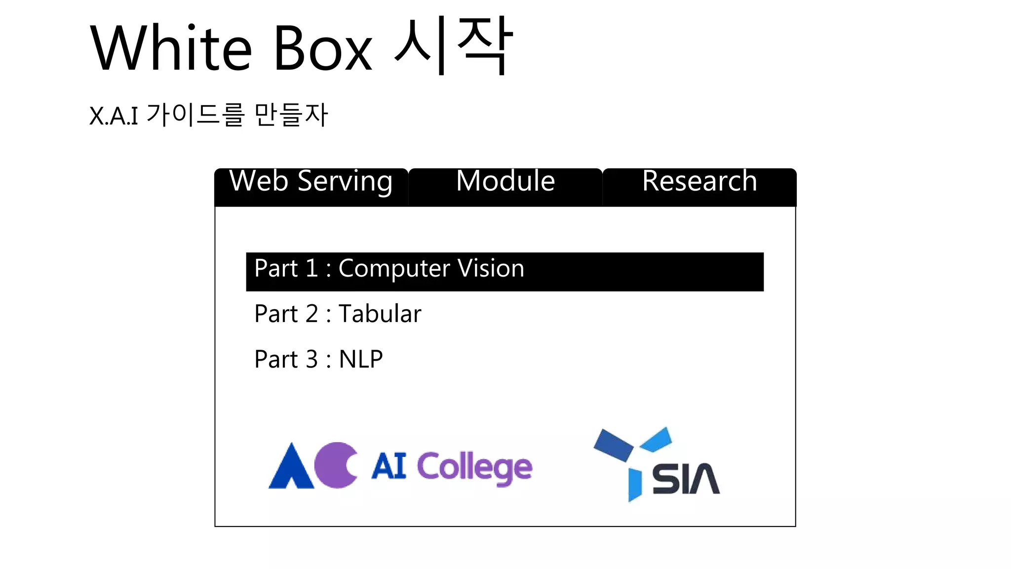 X.A.I 가이드를 만들자
Part 1 : Computer Vision
Part 2 : Tabular
Part 3 : NLP
ModuleWeb Serving Research
White Box 시작
 