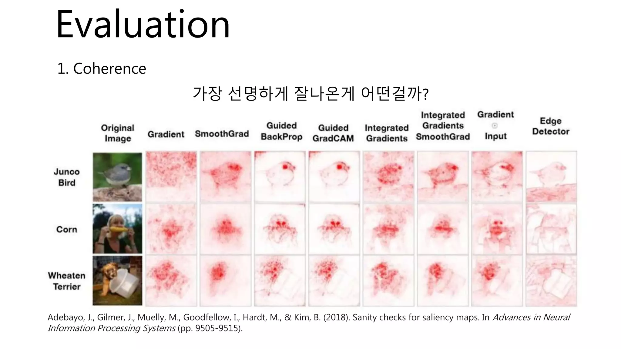 Adebayo, J., Gilmer, J., Muelly, M., Goodfellow, I., Hardt, M., & Kim, B. (2018). Sanity checks for saliency maps. In Advances in Neural
Information Processing Systems (pp. 9505-9515).
Evaluation
1. Coherence
가장 선명하게 잘나온게 어떤걸까?
 