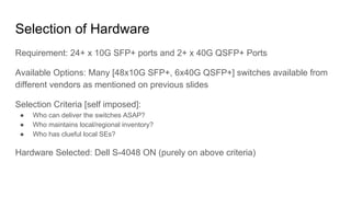 Selection of Hardware
Requirement: 24+ x 10G SFP+ ports and 2+ x 40G QSFP+ Ports
Available Options: Many [48x10G SFP+, 6x40G QSFP+] switches available from
different vendors as mentioned on previous slides
Selection Criteria [self imposed]:
● Who can deliver the switches ASAP?
● Who maintains local/regional inventory?
● Who has clueful local SEs?
Hardware Selected: Dell S-4048 ON (purely on above criteria)
 
