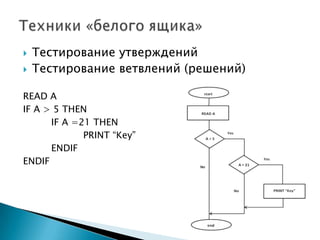  Тестирование утверждений
 Тестирование ветвлений (решений)
READ A
IF A > 5 THEN
IF A =21 THEN
PRINT “Key”
ENDIF
ENDIF
 