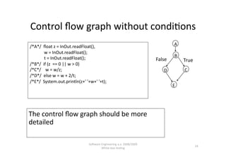 Control ﬂow graph without condi,ons 
/*A*/  ﬂoat z = InOut.readFloat(),                                             A 
             w = InOut.readFloat(); 
                                                                                B 
             t = InOut.readFloat();                                   False          True 
/*B*/  if (z  == 0 || w > 0) 
/*C*/    w = w/z;                                                         D          C 
/*D*/  else w = w + 2/t; 
/*E*/  System.out.println(z+' '+w+' '+t); 
                                                                               E 




The control ﬂow graph should be more 
detailed 

                               SoNware Engineering a.a. 2008/2009  
                                                                                             24 
                                       White‐box tes,ng 
 