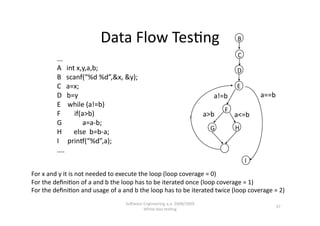 Data Flow Tes,ng                                            B 

                                                                                      C 
         ... 
         A   int x,y,a,b;                                                            D 
         B   scanf(“%d %d”,&x, &y); 
         C   a=x;                                                                    E 
         D   b=y                                                            a!=b                a==b 
         E    while (a!=b) 
                                                                                F 
         F        if(a>b)                                                a>b         a<=b 
         G            a=a‐b; 
                                                                           G         H 
         H       else  b=b‐a; 
         I     prin~(“%d”,a); 
         .... 
                                                                                           I 
For x and y it is not needed to execute the loop (loop coverage = 0) 
For the deﬁni,on of a and b the loop has to be iterated once (loop coverage = 1) 
For the deﬁni,on and usage of a and b the loop has to be iterated twice (loop coverage = 2) 
                                  SoNware Engineering a.a. 2008/2009  
                                                                                                    37 
                                          White‐box tes,ng 
 