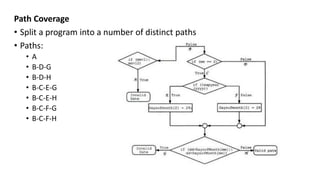Path Coverage
• Split a program into a number of distinct paths
• Paths:
• A
• B-D-G
• B-D-H
• B-C-E-G
• B-C-E-H
• B-C-F-G
• B-C-F-H
 