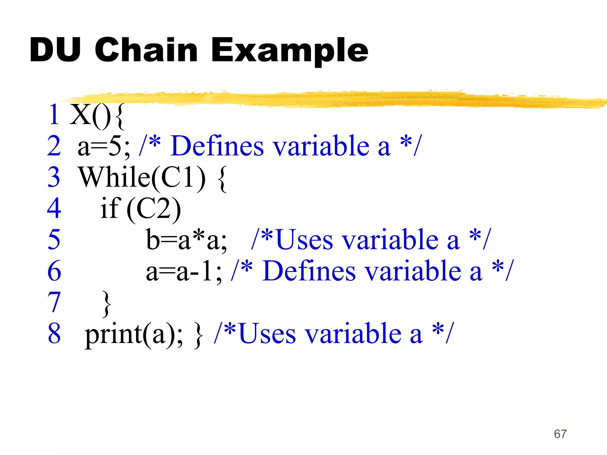 67
DU Chain Example
1 X(){
2 a=5; /* Defines variable a */
3 While(C1) {
4 if (C2)
5 b=a*a; /*Uses variable a */
6 a=a-1; /* Defines variable a */
7 }
8 print(a); } /*Uses variable a */
 