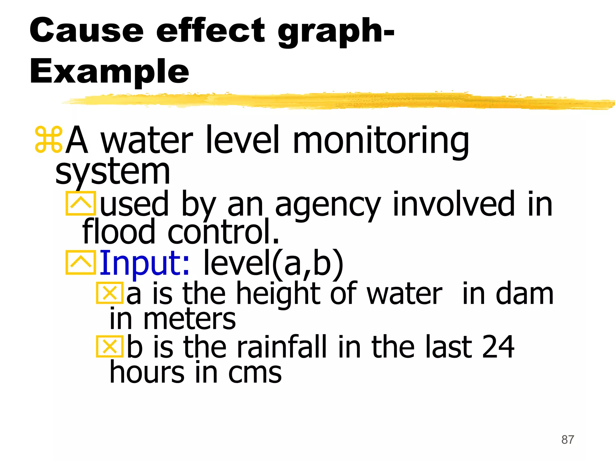87
Cause effect graph-
Example
A water level monitoring
system
used by an agency involved in
flood control.
Input: level(a,b)
a is the height of water in dam
in meters
b is the rainfall in the last 24
hours in cms
 