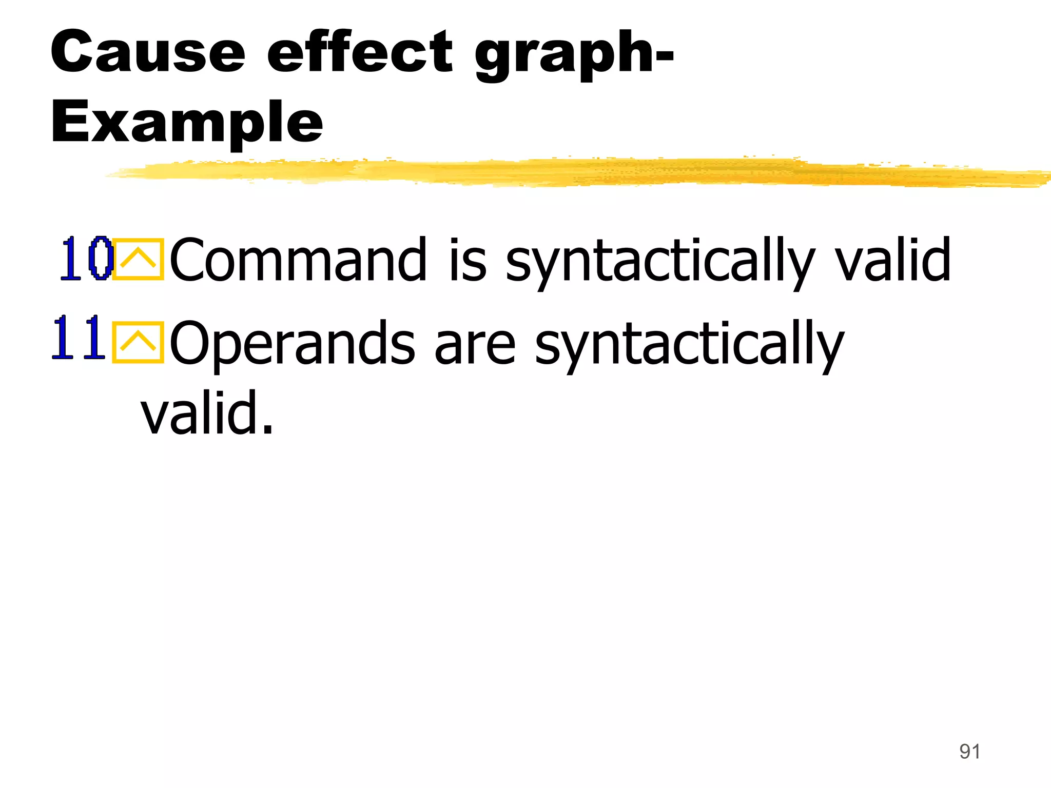 91
Cause effect graph-
Example
Command is syntactically valid
Operands are syntactically
valid.
 