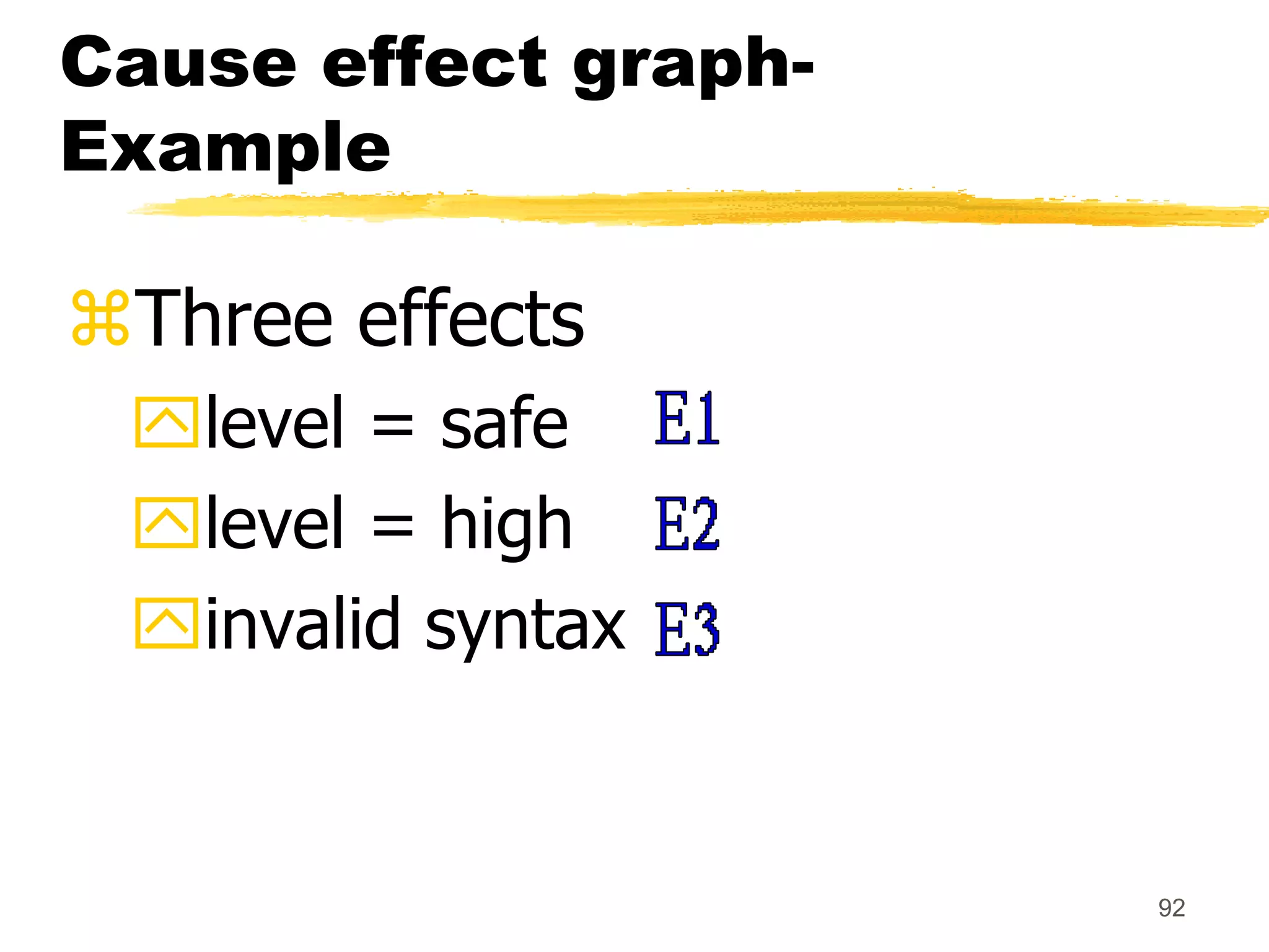 92
Cause effect graph-
Example
Three effects
level = safe
level = high
invalid syntax
 