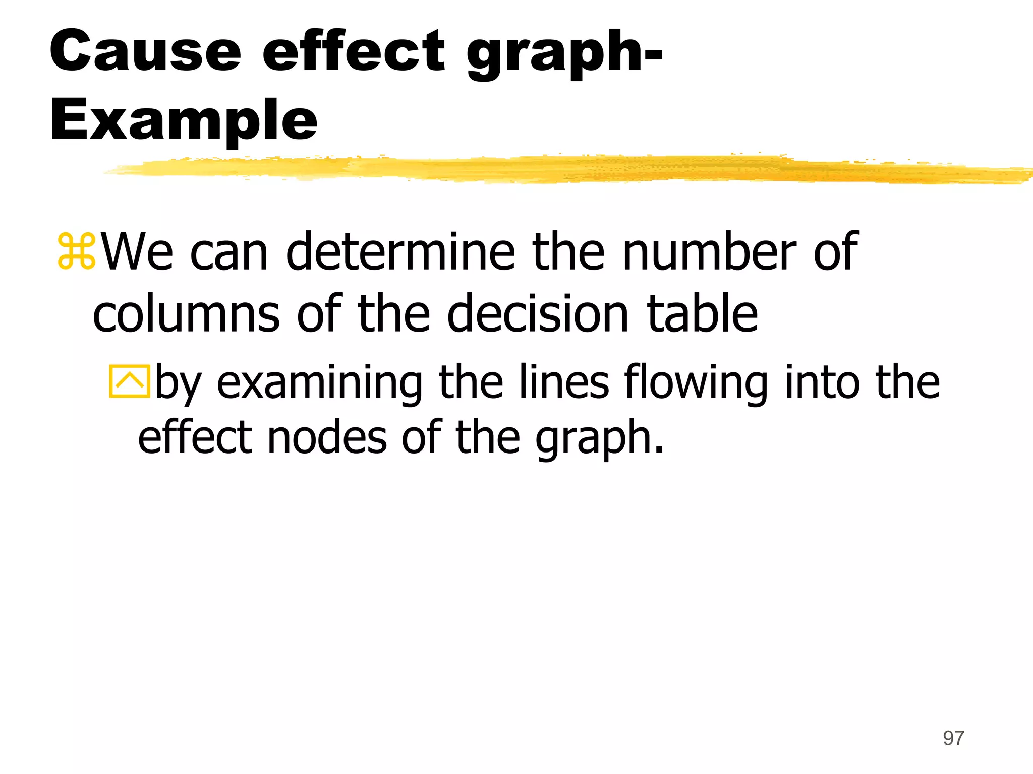 97
Cause effect graph-
Example
We can determine the number of
columns of the decision table
by examining the lines flowing into the
effect nodes of the graph.
 