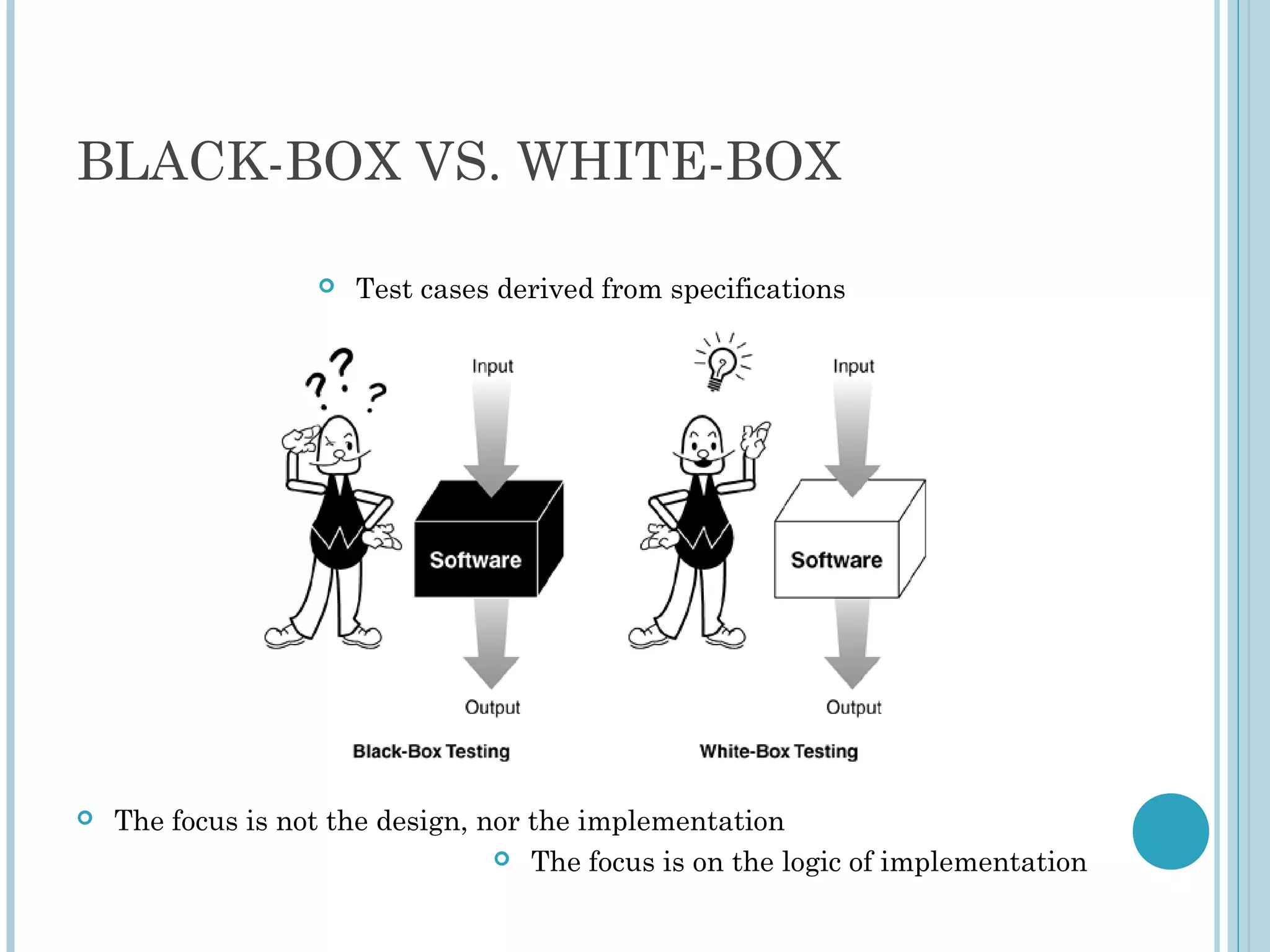 BLACK-BOX VS. WHITE-BOX
 Test cases derived from specifications
 The focus is not the design, nor the implementation
 The focus is on the logic of implementation
 