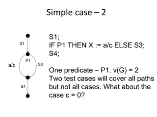 Simple case – 2  S1; IF P1 THEN X := a/c ELSE S3; S4; One predicate – P1. v(G) = 2 Two test cases will cover all paths but not all cases. What about the case c = 0? S4 S3 S1 a/c P1 