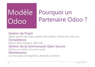 DOCUMENT COMMERCIAL2015
Modèle
Odoo
Pourquoi un
Partenaire Odoo ?
Gestion de Projet
Agilité, gestion des risque, gestion des livrables, maitrise des coûts, etc..
Compétence
Python, Web, Postegres, XML, SOA
Gestion de la communauté Open Source
Relation avec l’éditeur et la communauté
Maintenance
Les mise à jour, les migrations, réactivité, proximité
18
 