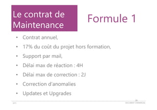 DOCUMENT COMMERCIAL2015
Le contrat de
Maintenance
• Contrat annuel,
• 17% du coût du projet hors formation,
• Support par mail,
• Délai max de réaction : 4H
• Délai max de correction : 2J
• Correction d’anomalies
• Updates et Upgrades
Formule 1
26
 