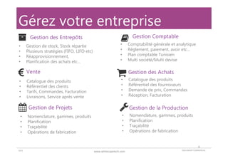 DOCUMENT COMMERCIAL2015
Un peu
d’histoire
2002 Création de OpenERP par Fabien
Pinckers
2005 Premier client
2007 Premier Gros Client > 1000 users
2009 Changement du modèle économique : Offre SaaS
2010 Levée de fond de 3 millions d’euros
2011 Grand saut qualitatif et passage en AGPL au lieu de GPL
2012 Passage totale en mode WEB (plus de GTK)
3
 