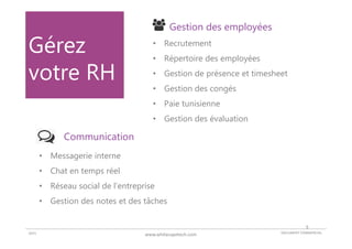 DOCUMENT COMMERCIAL2015
Un peu
d’histoire
2002 Création de OpenERP par Fabien
Pinckers
2005 Premier client
2007 Premier Gros Client > 1000 users
2009 Changement du modèle économique : Offre SaaS
2010 Levée de fond de 3 millions d’euros
2011 Grand saut qualitatif et passage en AGPL au lieu de GPL
2012 Passage totale en mode WEB (plus de GTK)
3
 