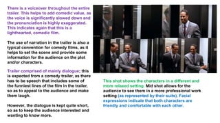 There is a voiceover throughout the entire
trailer. This helps to add comedic value, as
the voice is significantly slowed down and
the pronunciation is highly exaggerated.
This indicates again that this is a
lighthearted, comedic film.
The use of narration in the trailer is also a
typical convention for comedy films, as it
helps to set the scene and provide some
information for the audience on the plot
and/or characters.
Trailer comprised of mainly dialogue; this
is expected from a comedy trailer, as there
has to be speech that includes some of
the funniest lines of the film in the trailer,
so as to appeal to the audience and make
them laugh.
However, the dialogue is kept quite short,
so as to keep the audience interested and
wanting to know more.
This shot shows the characters in a different and
more relaxed setting. Mid shot allows for the
audience to see them in a more professional work
setting (as represented by their suits). Facial
expressions indicate that both characters are
friendly and comfortable with each other.
 