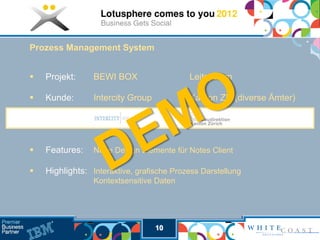 Prozess Management System


   Projekt:     BEWI BOX                  Leitsystem

   Kunde:       Intercity Group           Kanton ZH (diverse Ämter)




   Features:    Neue Design Elemente für Notes Client

   Highlights: Interaktive, grafische Prozess Darstellung
                 Kontextsensitive Daten




                                   10
 