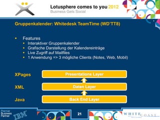 Gruppenkalender: Whitedesk TeamTime (WD’TT8)


   Features
       Interaktiver Gruppenkalender
       Grafische Darstellung der Kalendereinträge
       Live Zugriff auf Mailfiles
       1 Anwendung => 3 mögliche Clients (Notes, Web, Mobil)



XPages                     Presentations Layer


XML                            Daten Layer


Java                          Back End Layer


                                  21
 