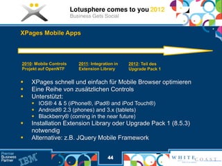 XPages Mobile Apps



2010: Mobile Controls   2011: Integration in   2012: Teil des
Projekt auf OpenNTF     Extension Library      Upgrade Pack 1


   XPages schnell und einfach für Mobile Browser optimieren
   Eine Reihe von zusätzlichen Controls
   Unterstützt:
     IOS® 4 & 5 (iPhone®, iPad® and iPod Touch®)
     Android® 2.3 (phones) and 3.x (tablets)
     Blackberry® (coming in the near future)
   Installation Extension Library oder Upgrade Pack 1 (8.5.3)
    notwendig
   Alternative: z.B. JQuery Mobile Framework


                                      44
 
